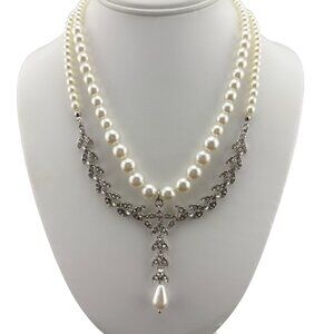 Elegant Faux Pearl Double-Strand Necklace With Rhinestone Pendant & Drop Pearl A